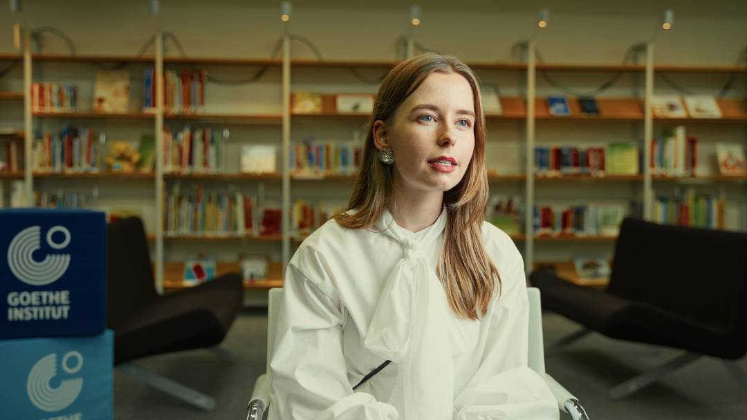 Blonde Woman from the goethe institut making an interview